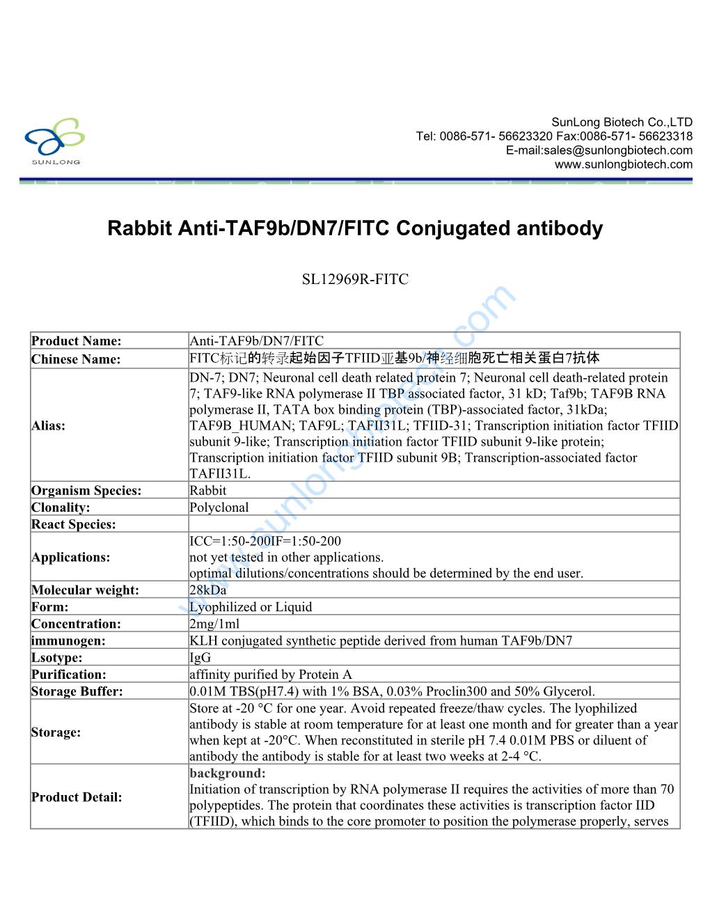 Rabbit Anti-Taf9b/DN7/FITC Conjugated Antibody-SL12969R