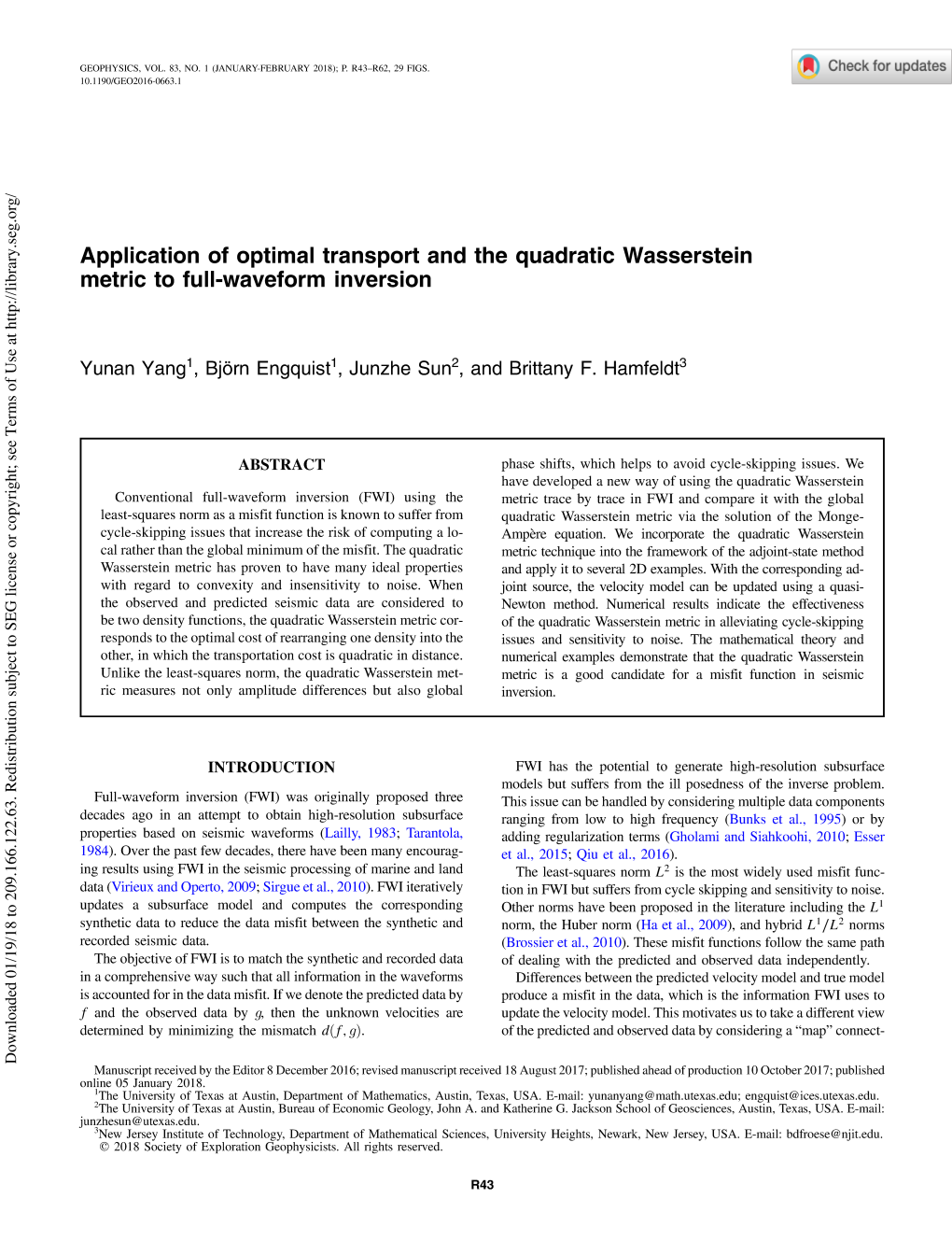 Application of Optimal Transport and the Quadratic Wasserstein Metric to Full-Waveform Inversion