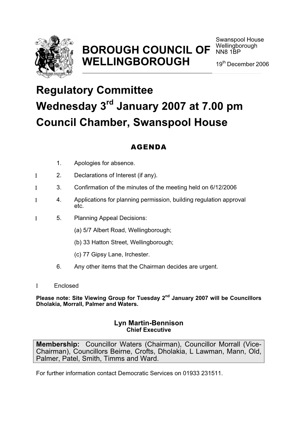 January 2007 at 7.00 Pm Council Chamber, Swanspool House