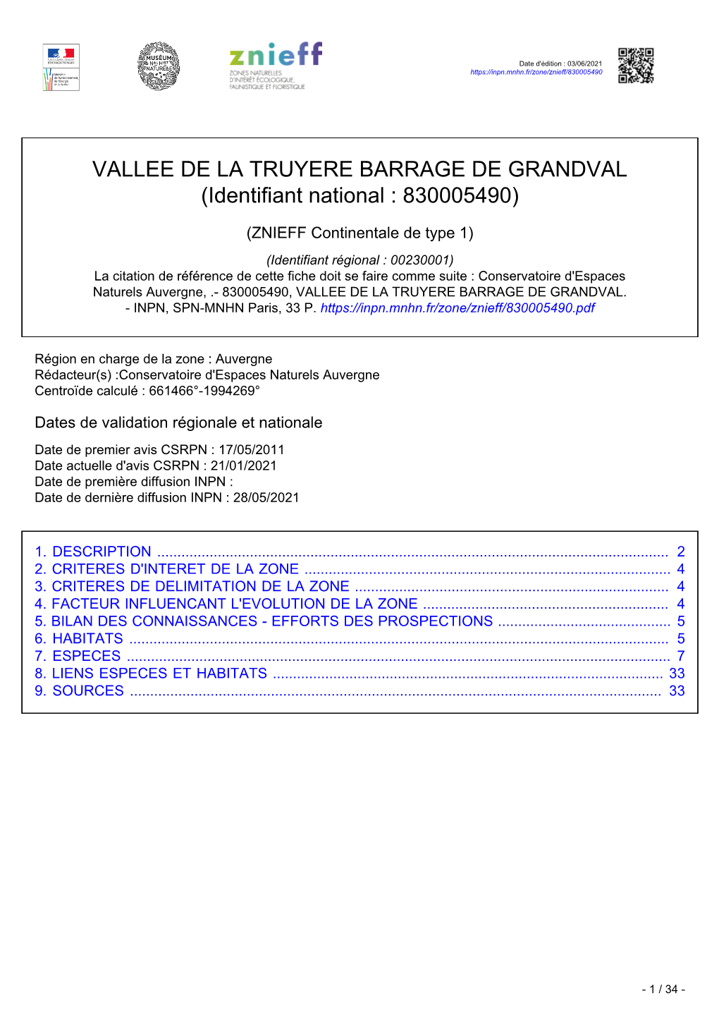 VALLEE DE LA TRUYERE BARRAGE DE GRANDVAL (Identifiant National : 830005490)