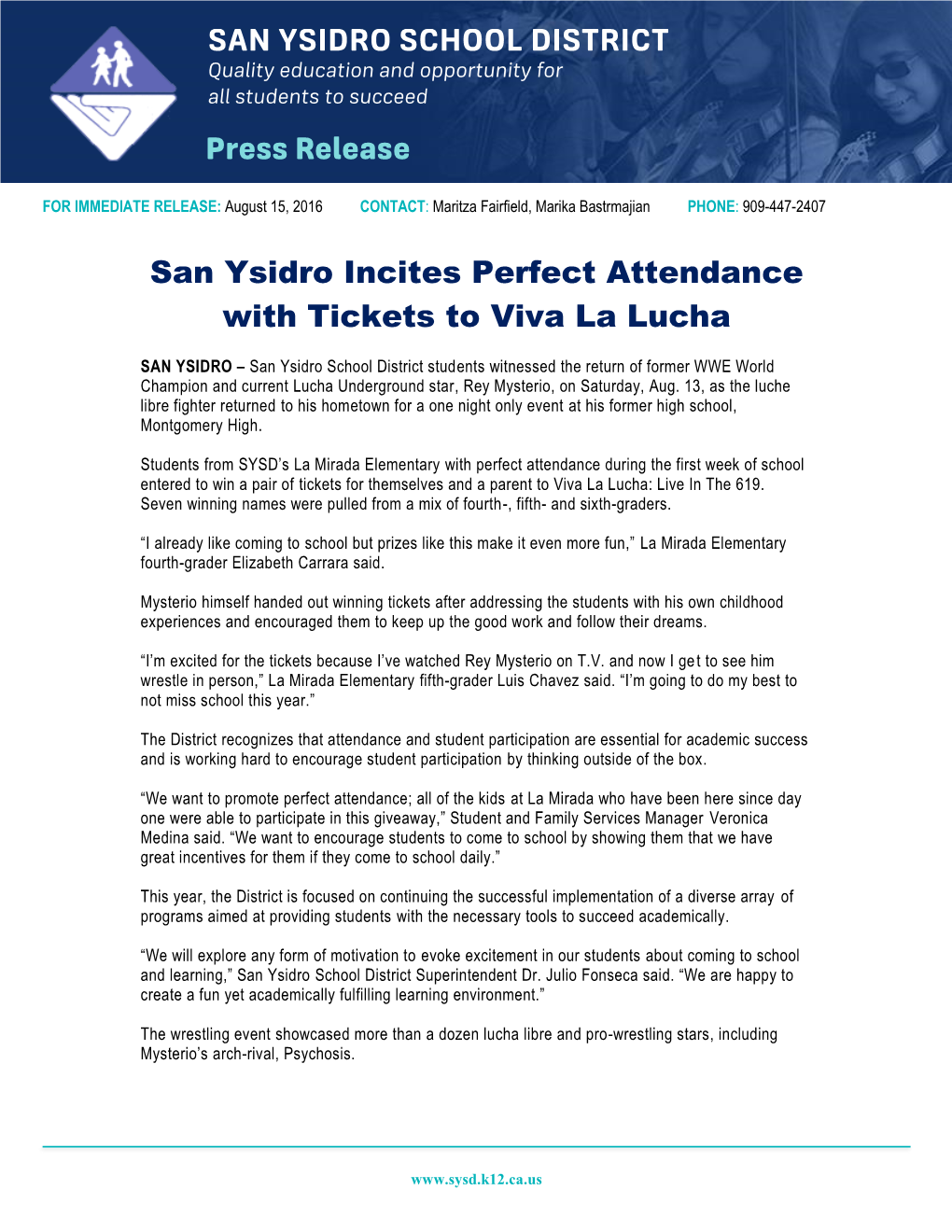 San Ysidro Incites Perfect Attendance with Tickets to Viva La Lucha