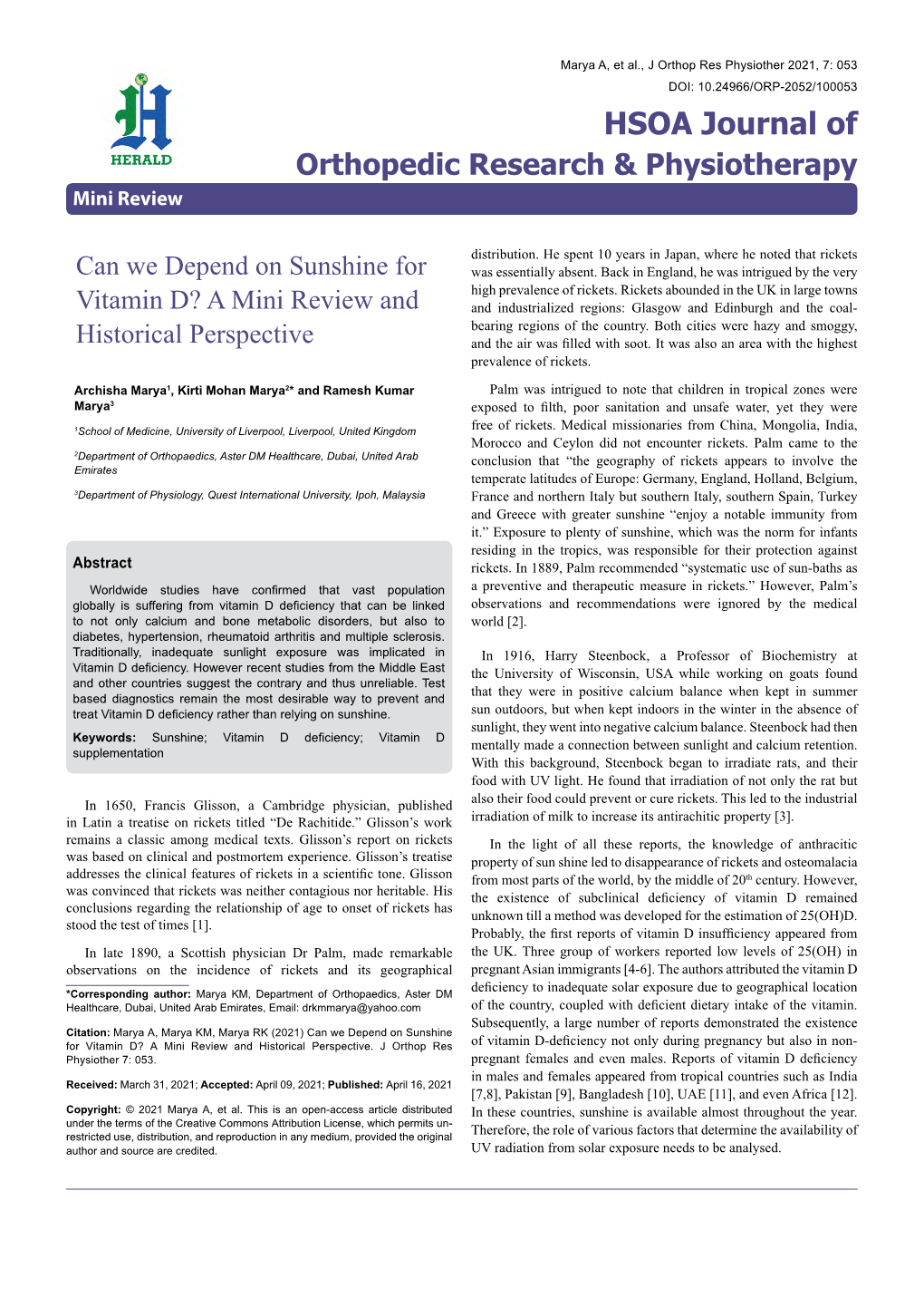 Can We Depend on Sunshine for Vitamin D? a Mini Review and Historical Perspective