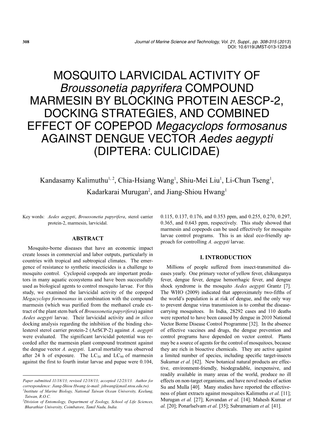 Broussonetia Papyrifera COMPOUND EFFECT of COPEPOD Megacyclops Formosanus