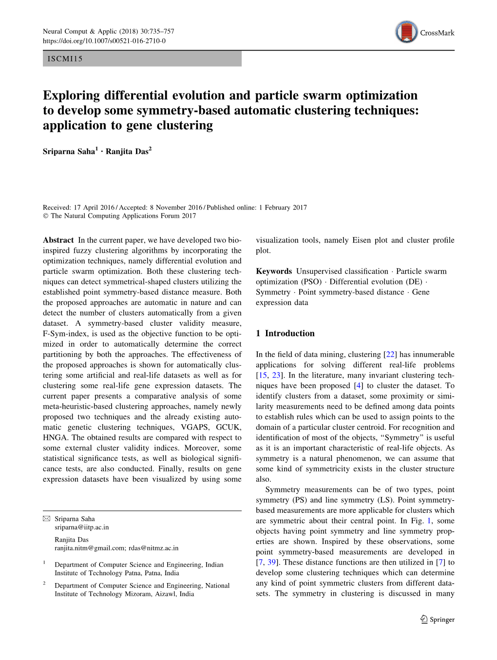 Exploring Differential Evolution and Particle Swarm Optimization to Develop Some Symmetry-Based Automatic Clustering Techniques: Application to Gene Clustering