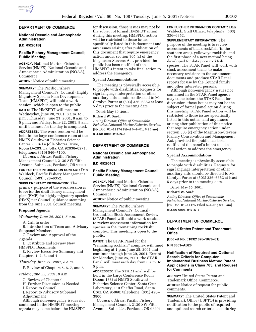 Federal Register/Vol. 66, No. 108/Tuesday, June 5, 2001/Notices