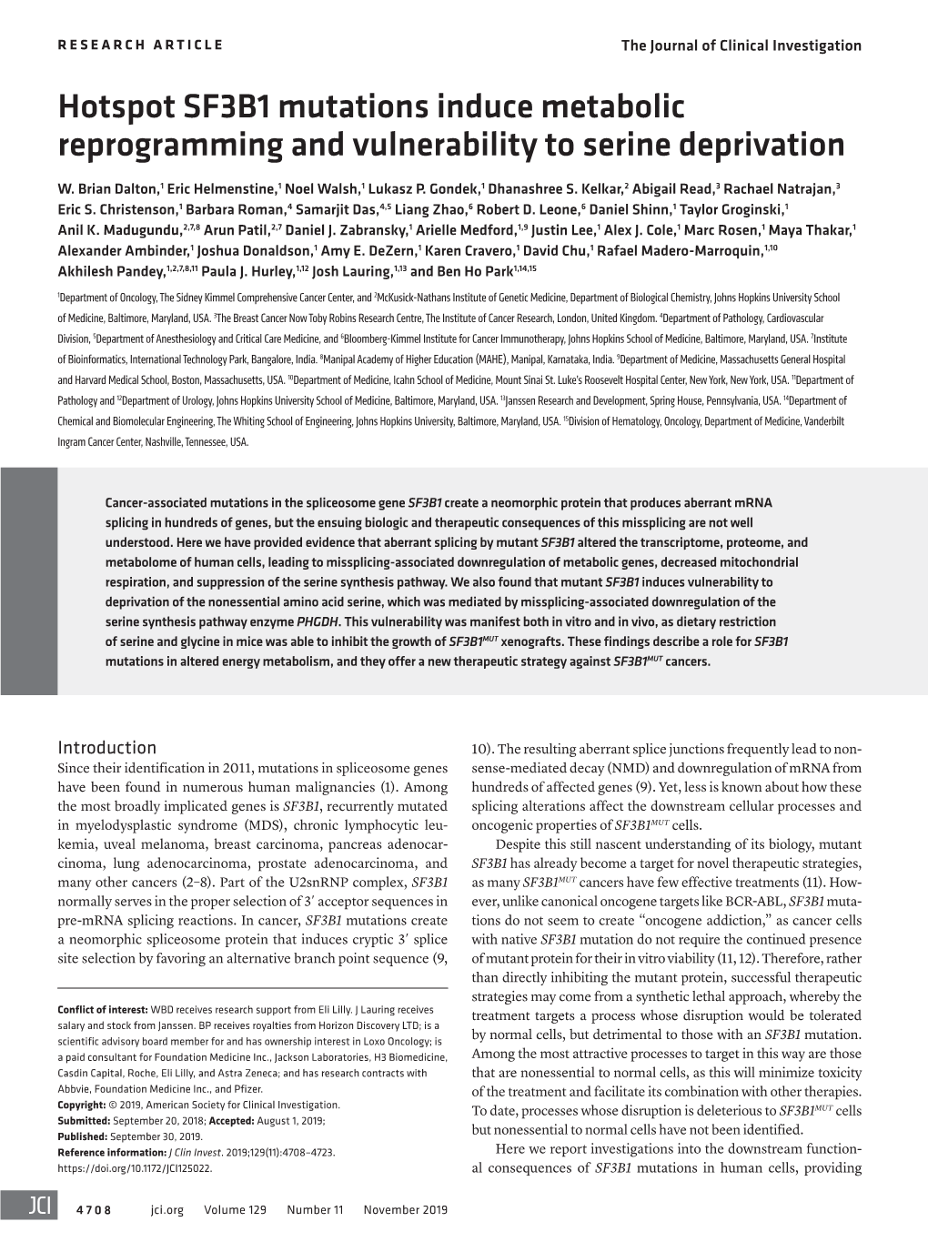 Hotspot SF3B1 Mutations Induce Metabolic Reprogramming and Vulnerability to Serine Deprivation