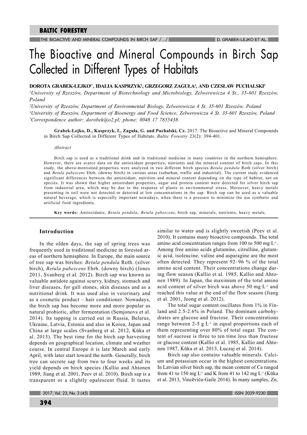 The Bioactive and Mineral Compounds in Birch Sap Collected in Different Types of Habitats