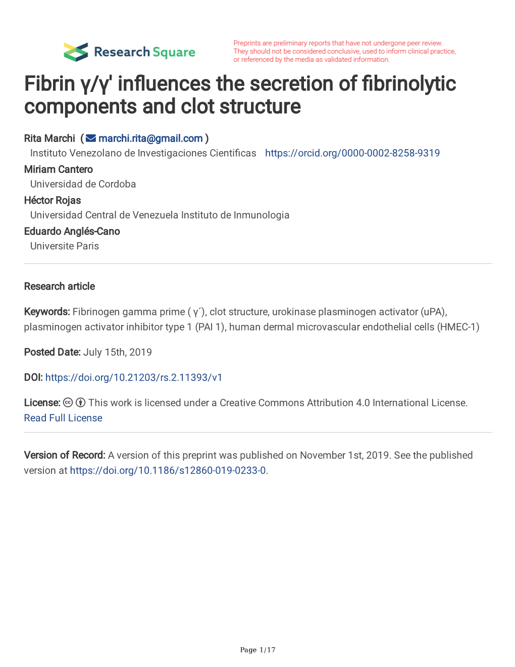 Fibrin Γ/Γ' Influences the Secretion of Fibrinolytic