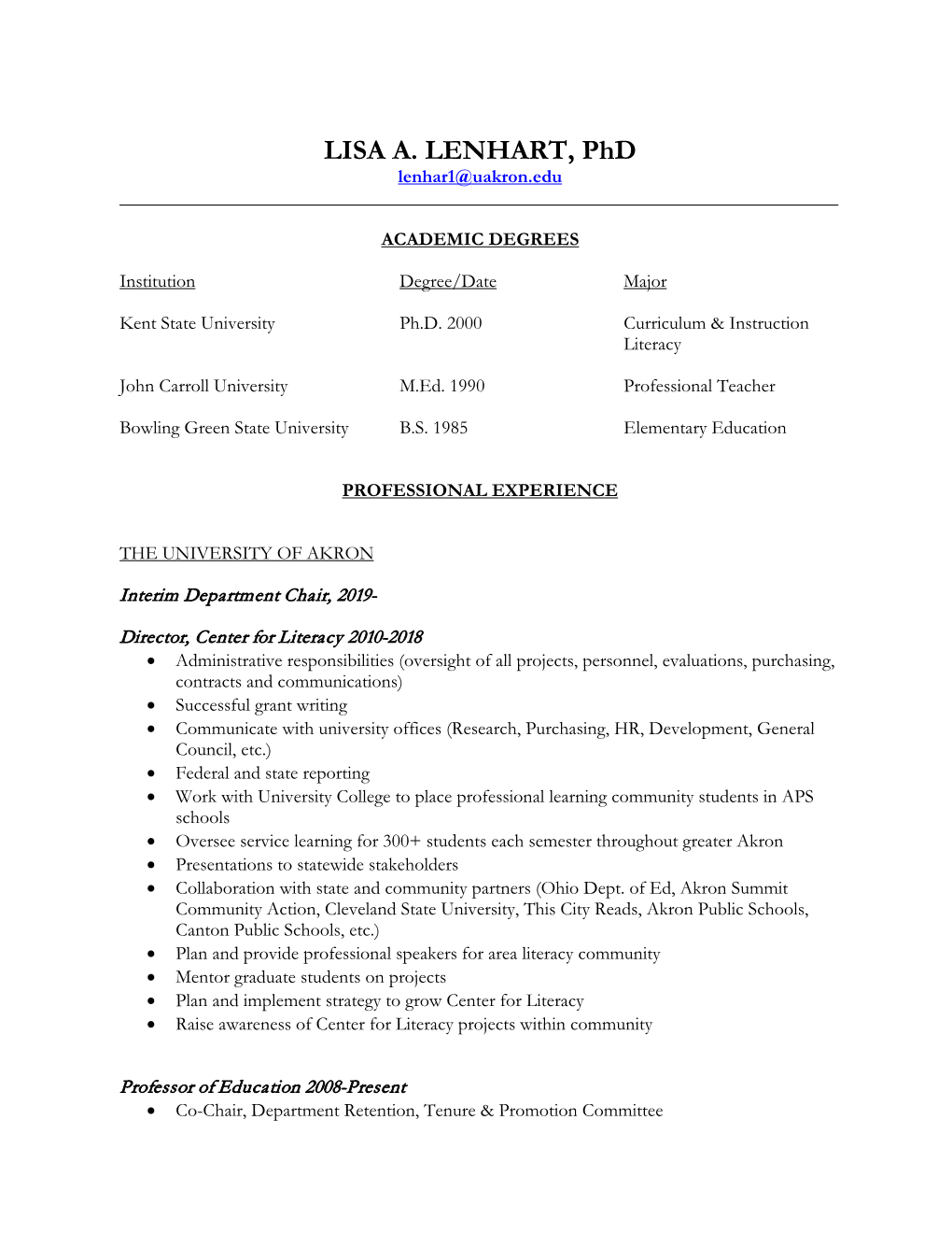 LISA A. LENHART, Phd Lenhar1@Uakron.Edu ______