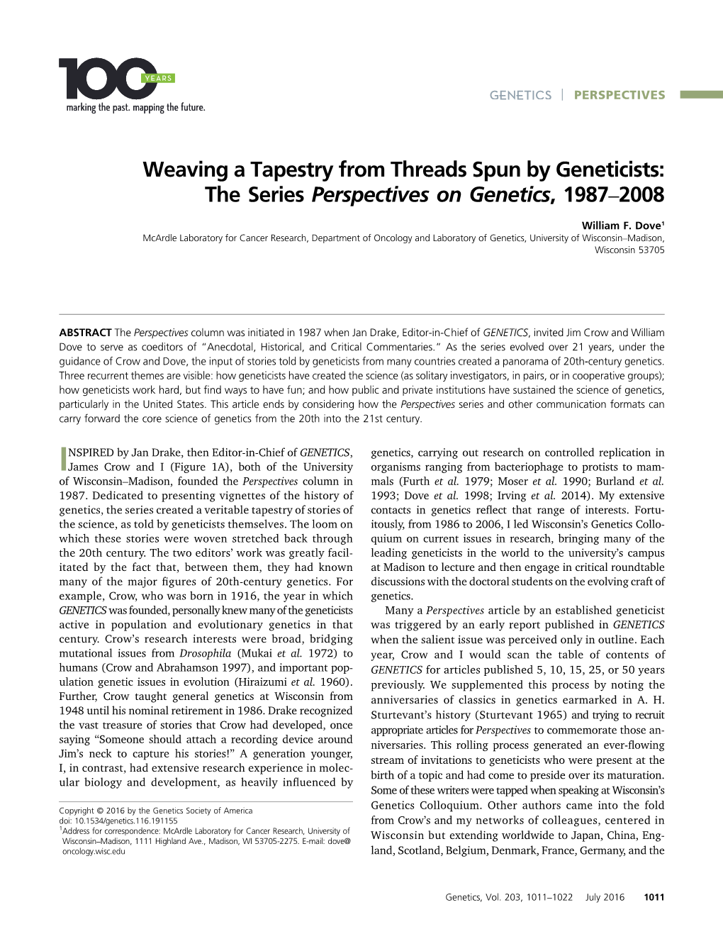 Weaving a Tapestry from Threads Spun by Geneticists: the Series Perspectives on Genetics, 1987–2008