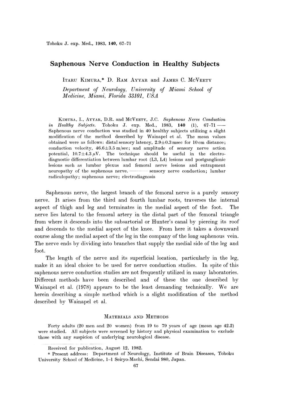 Saphenous Nerve Conduction in Healthy Subjects