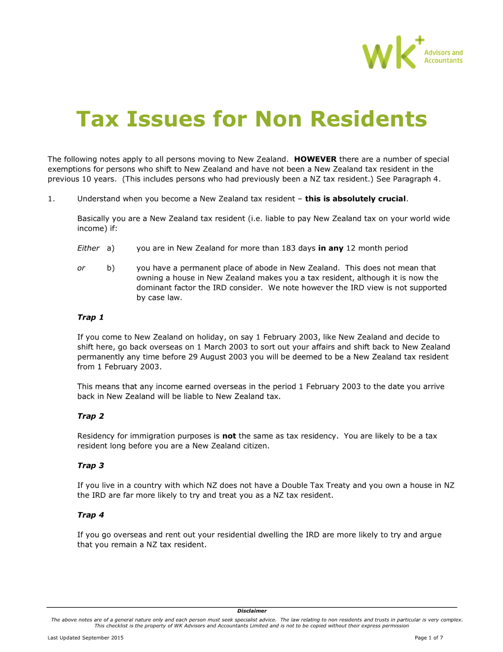 Tax Issues for Non Residents