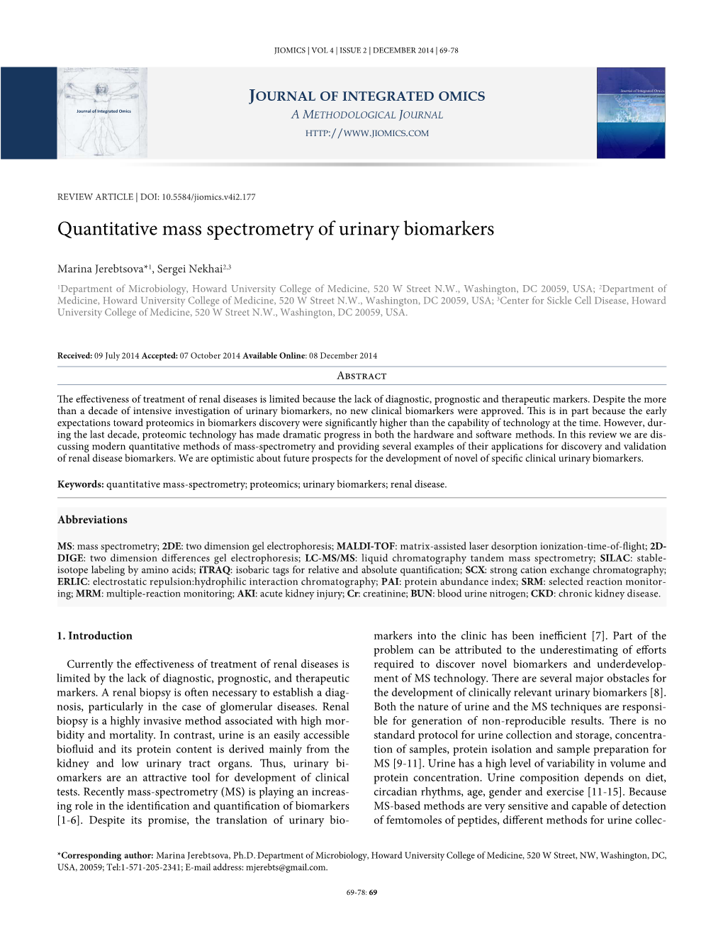 Quantitative Mass Spectrometry of Urinary Biomarkers