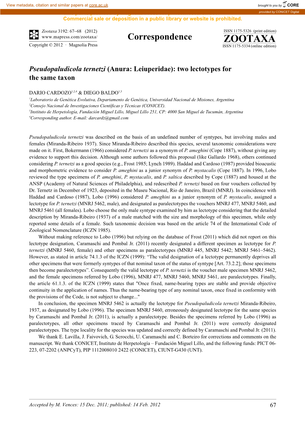 Pseudopaludicola Ternetzi (Anura: Leiuperidae): Two Lectotypes for the Same Taxon