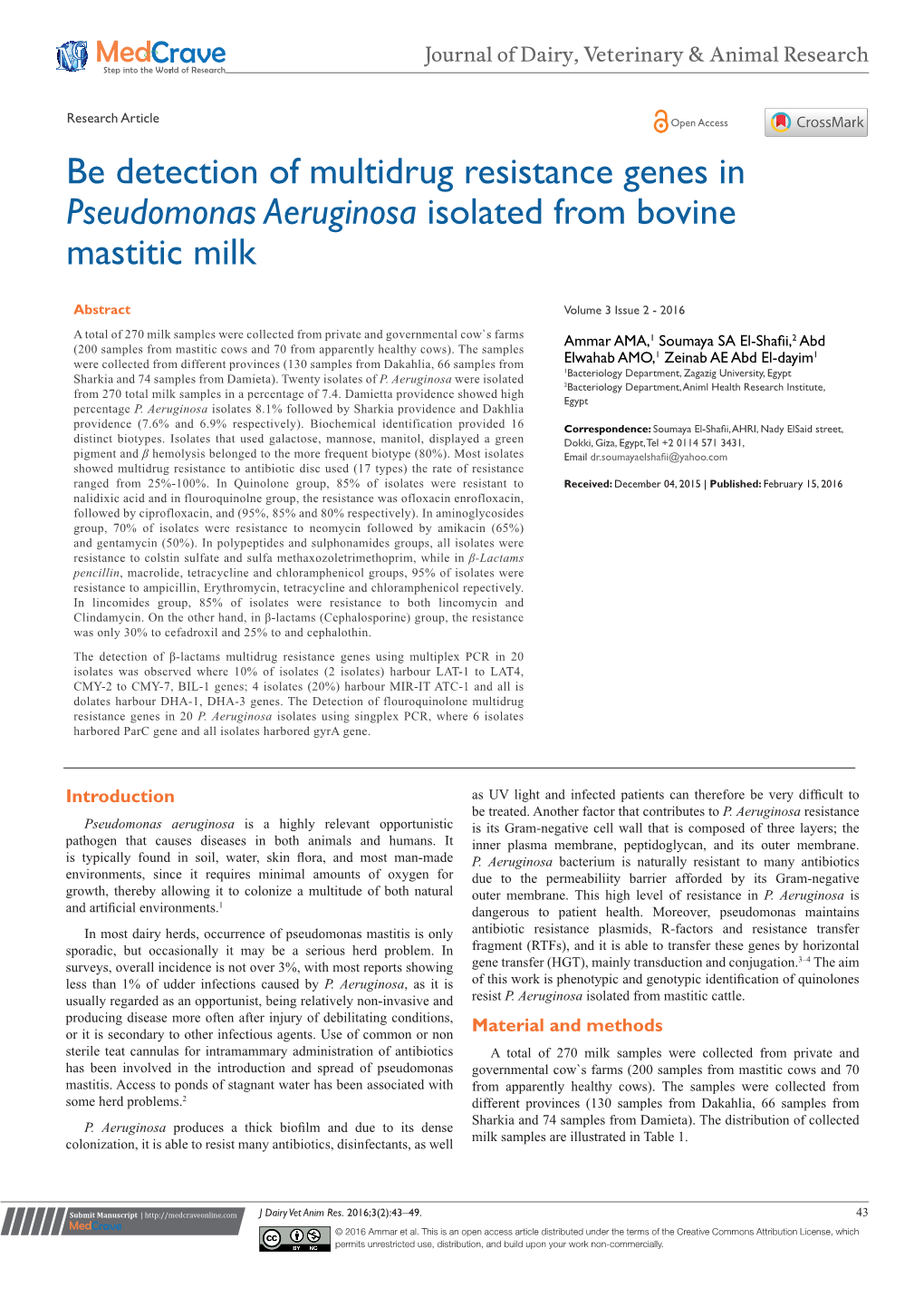 Pseudomonas Aeruginosa Isolated from Bovine Mastitic Milk
