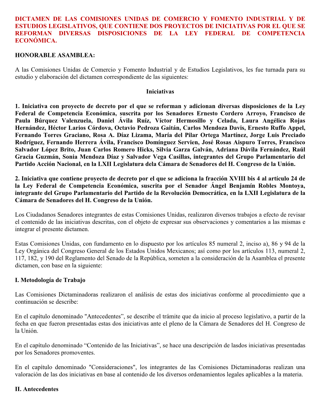 Dictamen De Las Comisiones Unidas De Comercio Y