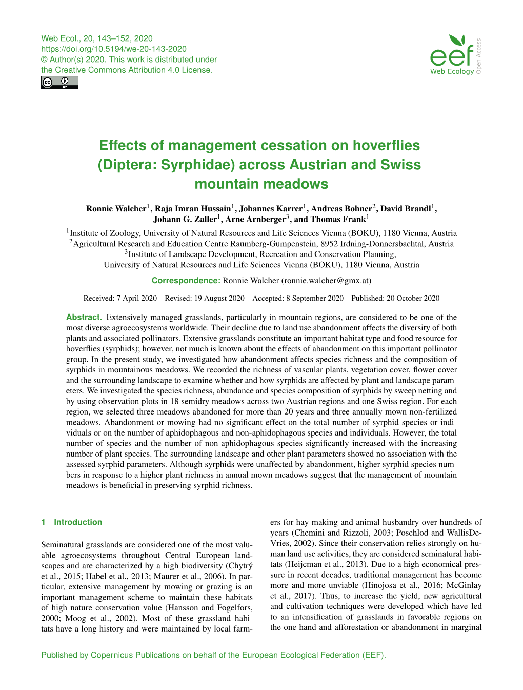 Effects of Management Cessation on Hoverflies (Diptera: Syrphidae)