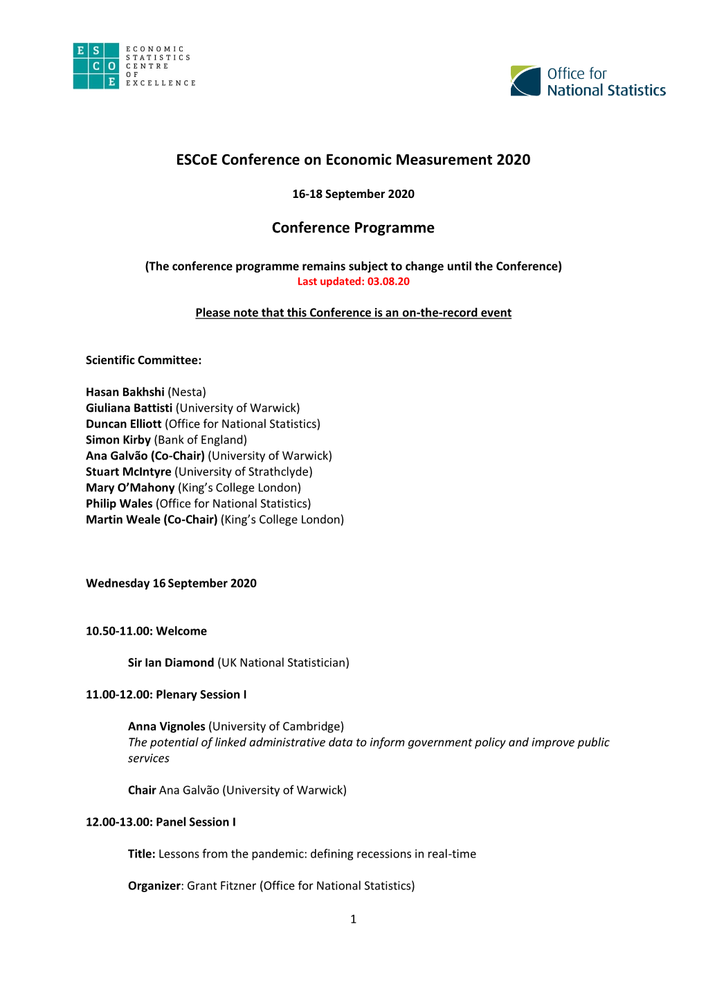 Escoe Conference on Economic Measurement 2020 Conference