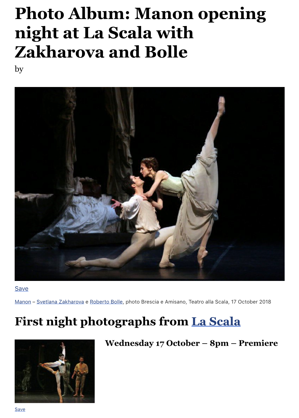 Manon Opening Night at La Scala with Zakharova and Bolle By