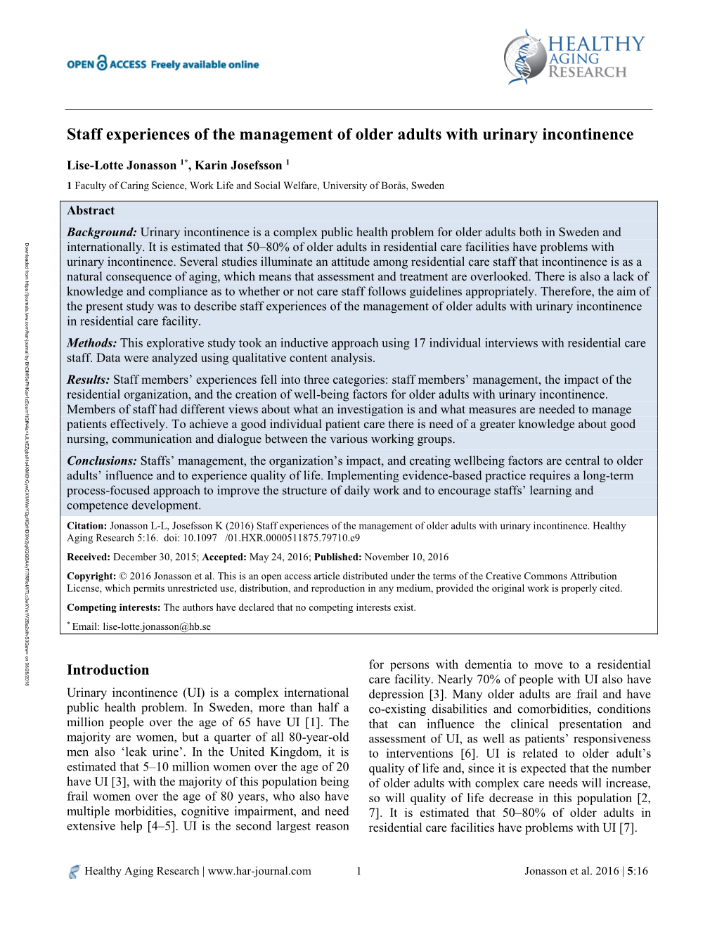 Staff Experiences of the Management of Older Adults with Urinary