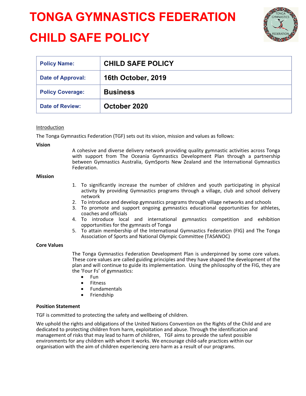 Tonga Gymnastics Federation Child Safe Policy