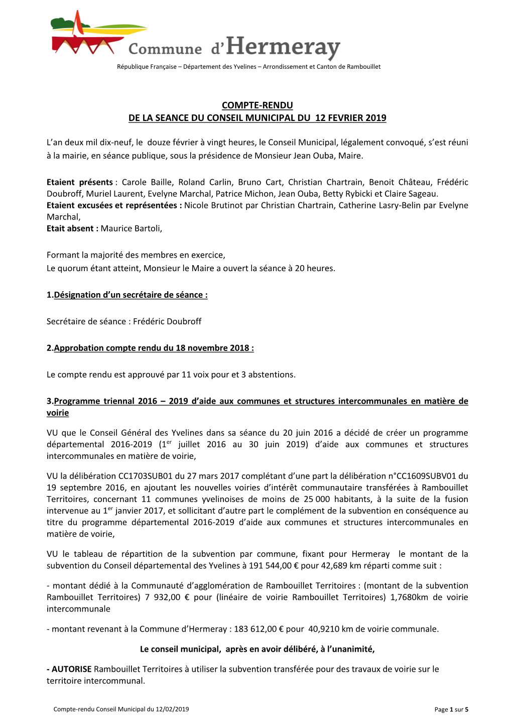 Compte-Rendu De La Seance Du Conseil Municipal Du 12 Fevrier 2019