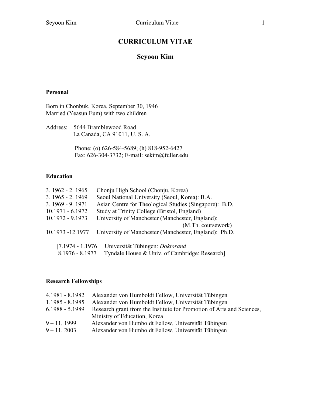 Seyoon Kim Curriculum Vitae 1