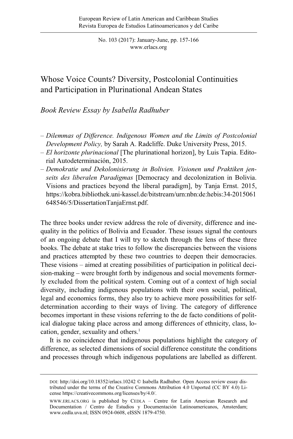 Whose Voice Counts? Diversity, Postcolonial Continuities and Participation in Plurinational Andean States