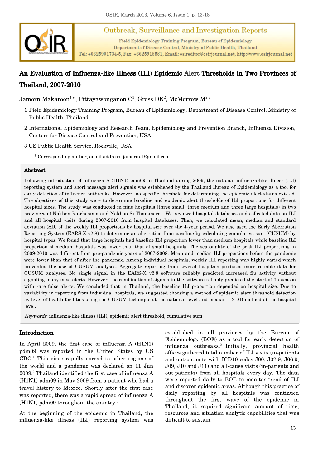 An Evaluation of Influenza-Like Illness (ILI) Epidemic Alert Thresholds in Two Provinces of Thailand, 2007-2010