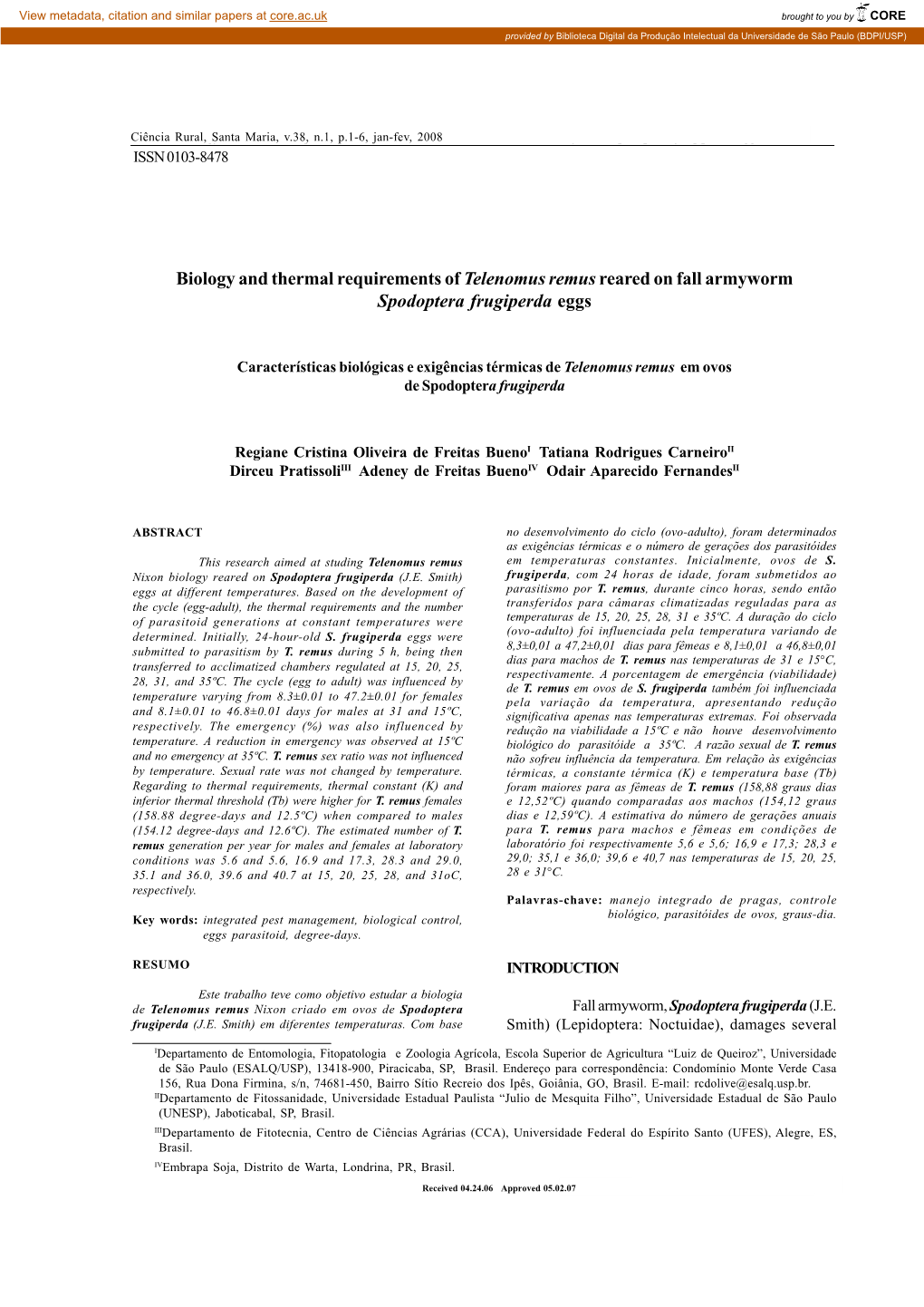 Biology and Thermal Requirements of Telenomus Remusreared on Fall Armyworm Spodoptera Frugiperda Eggs