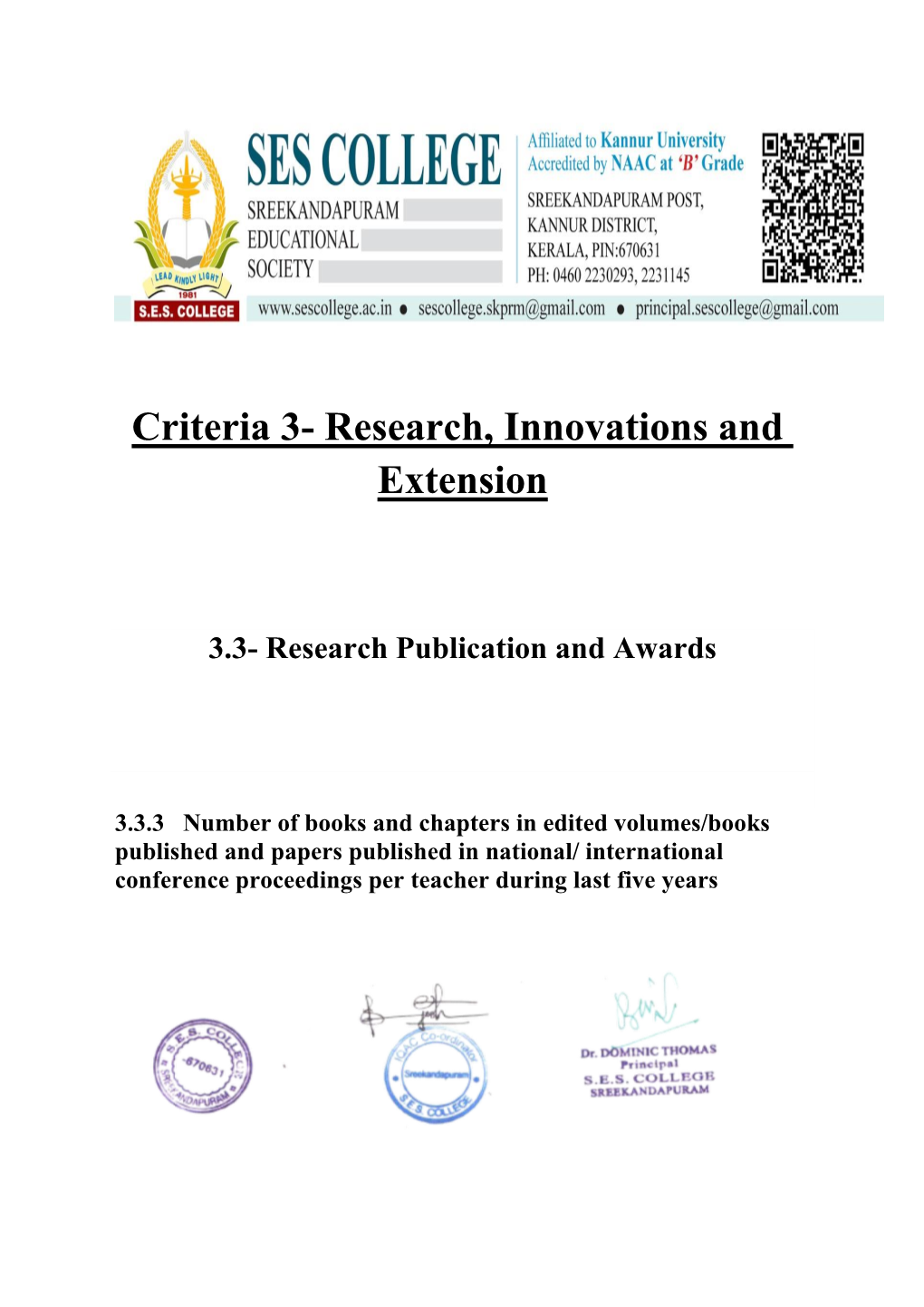 Criteria 3- Research, Innovations and Extension