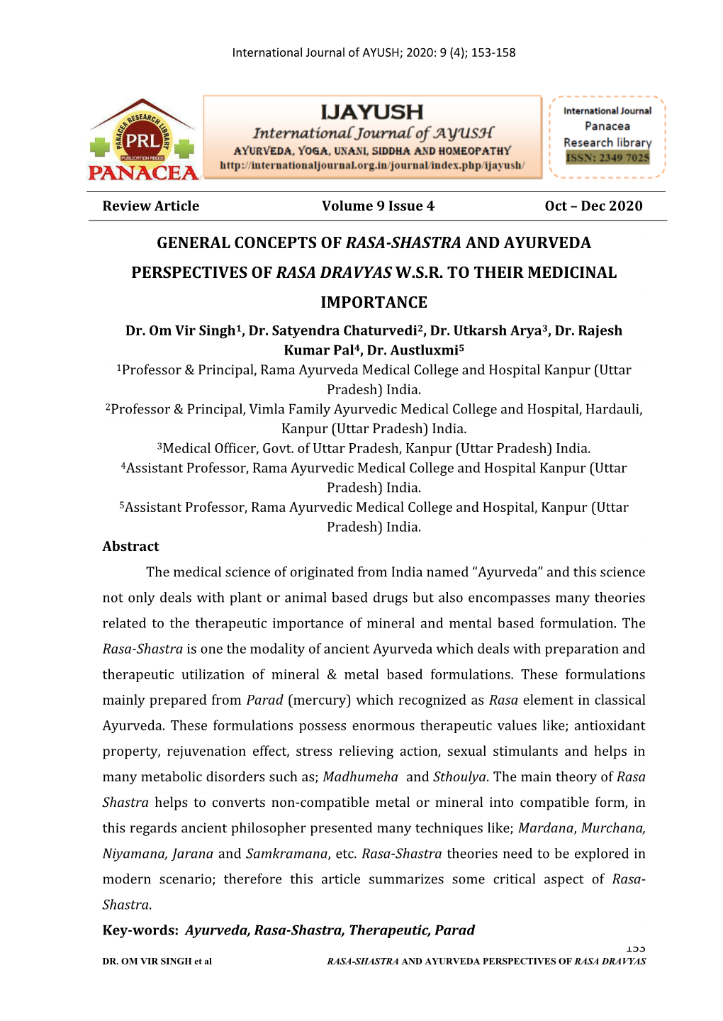 General Concepts of Rasa-Shastra and Ayurveda Perspectives of Rasa Dravyas W.S.R