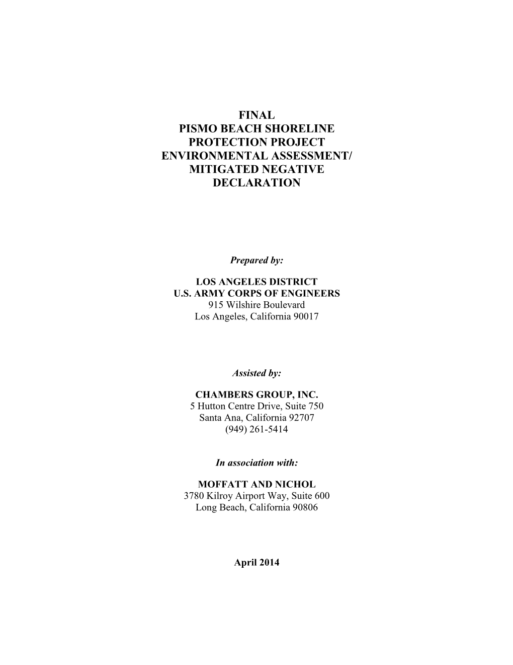 Final Pismo Beach Shoreline Protection Project Environmental Assessment/ Mitigated Negative Declaration