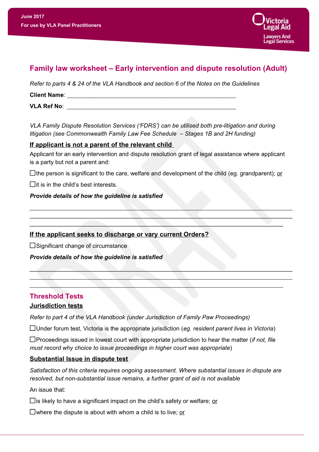 Family Law Worksheet Early Intervention and Dispute Resolution (Adult)