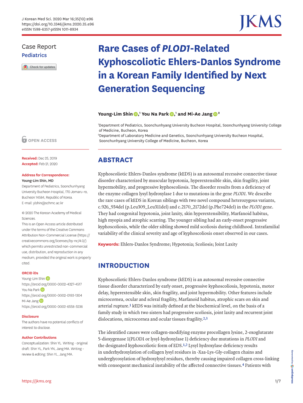 Rare Cases of PLOD1-Related Kyphoscoliotic Ehlers-Danlos Syndrome in a Korean Family Identified by Next Generation Sequencing