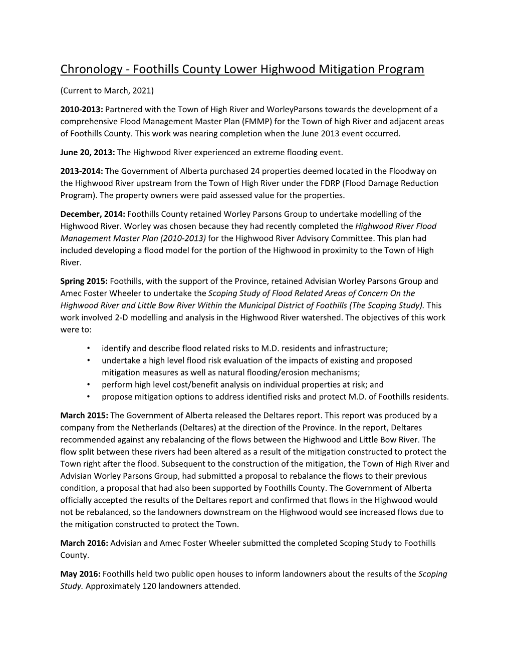 Chronology - Foothills County Lower Highwood Mitigation Program