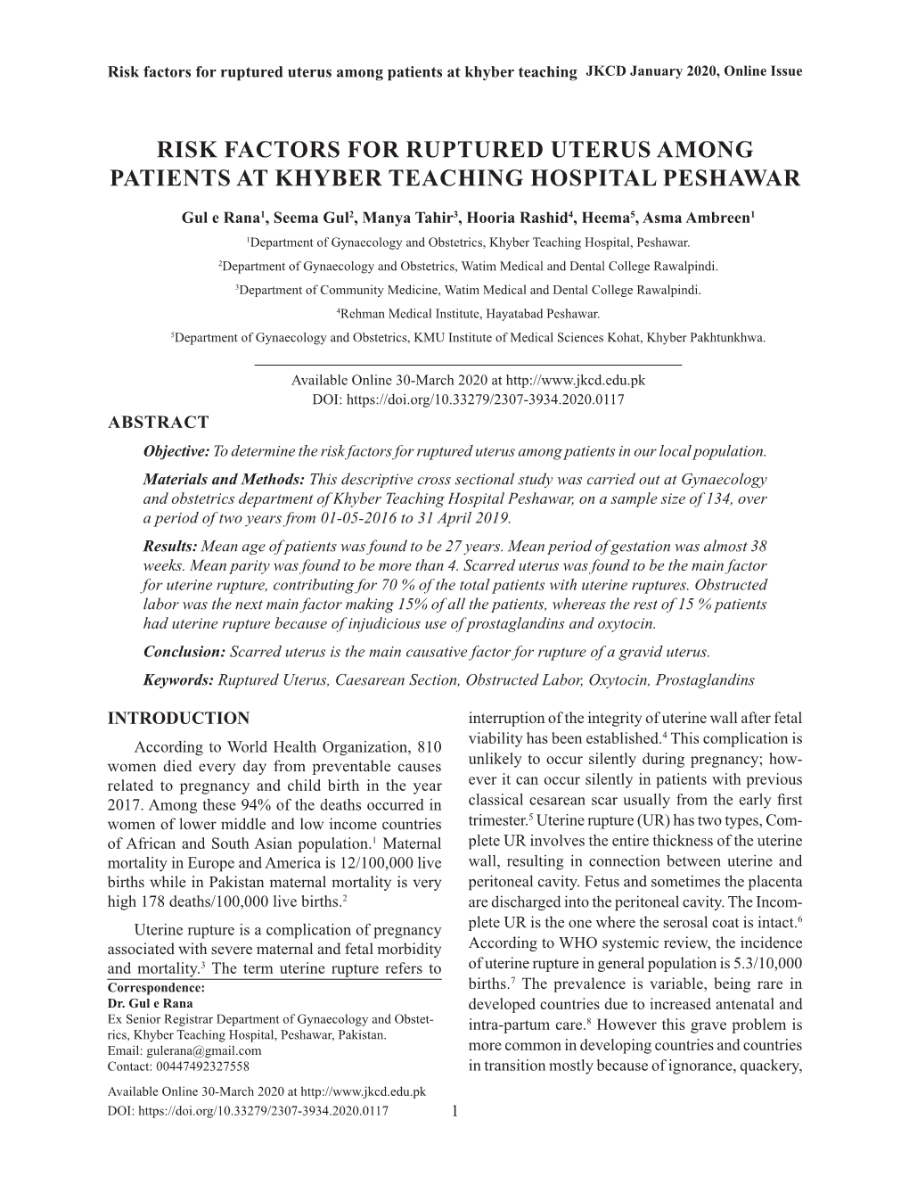 Risk Factors for Ruptured Uterus Among Patients at Khyber Teaching Hospital Peshawar