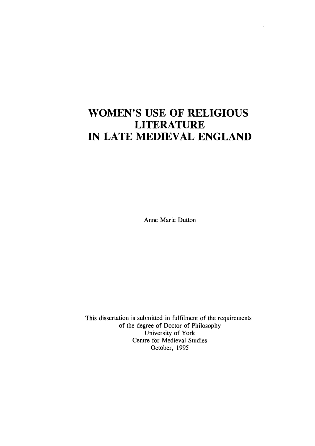 Women's Use of Religious Literature in Late Medieval England