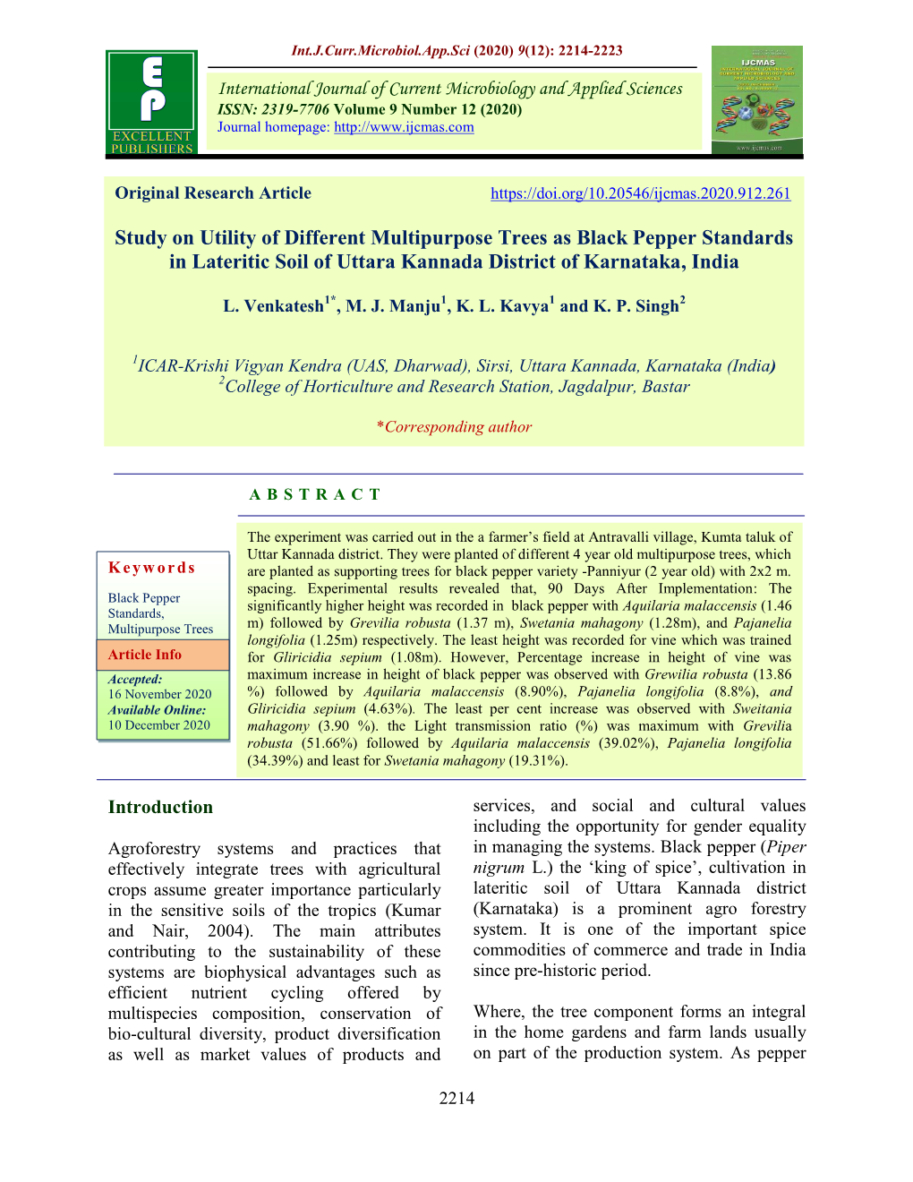 Study on Utility of Different Multipurpose Trees As Black Pepper Standards in Lateritic Soil of Uttara Kannada District of Karnataka, India