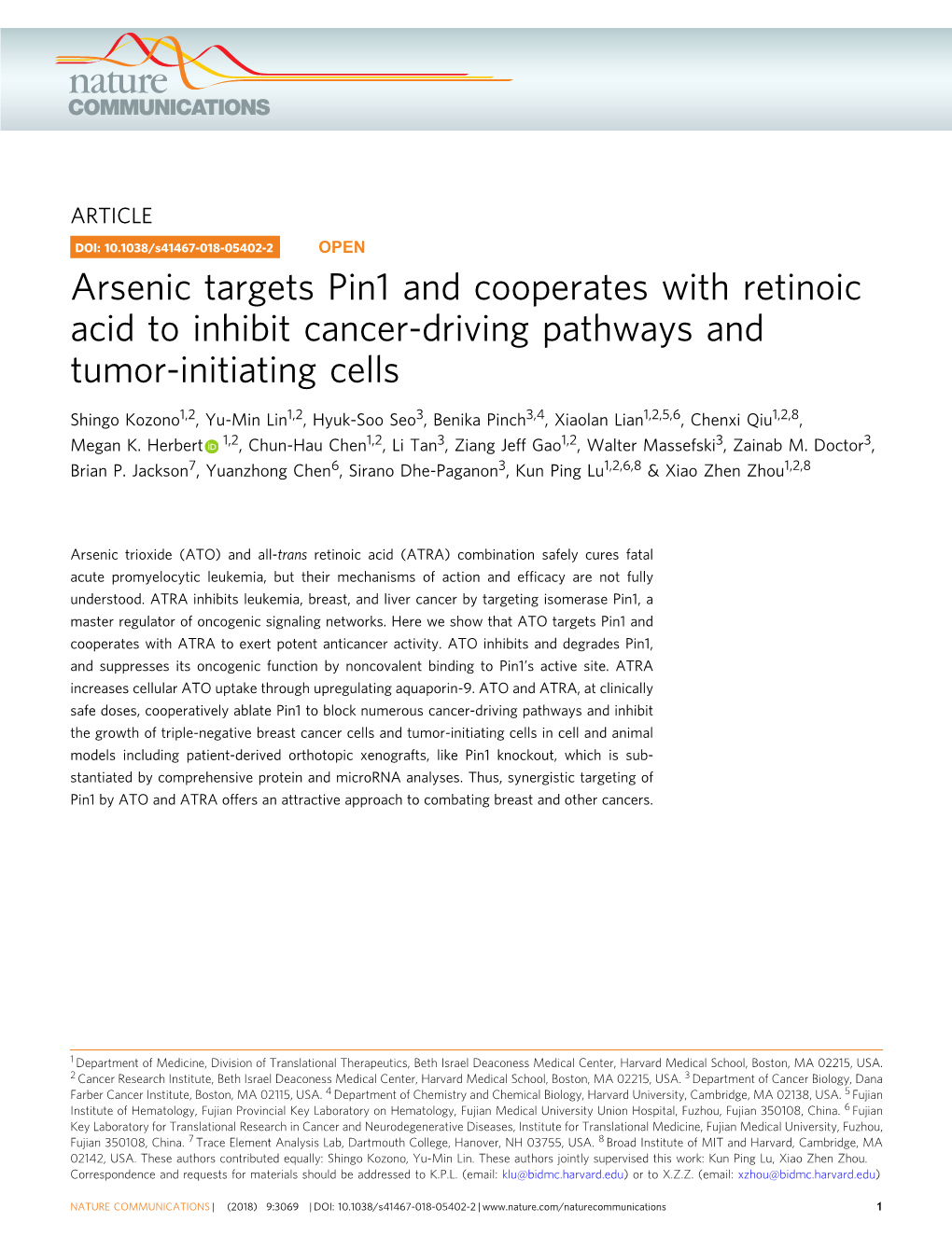 Arsenic Targets Pin1 and Cooperates with Retinoic Acid to Inhibit Cancer-Driving Pathways and Tumor-Initiating Cells