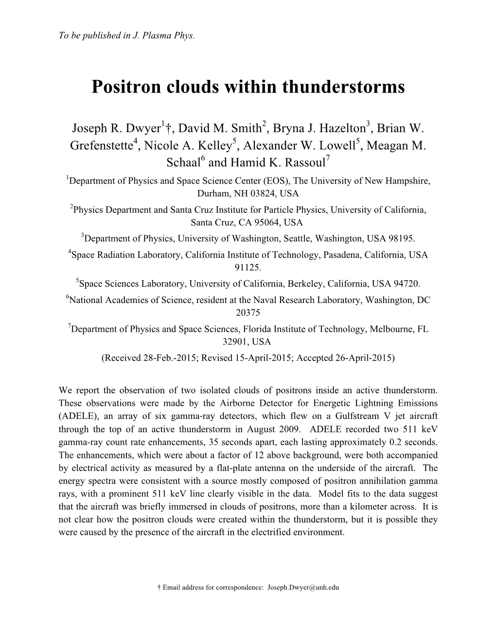 Positron Clouds Within Thunderstorms