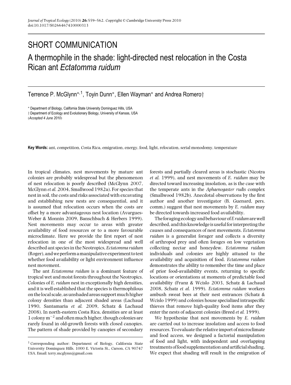 Light-Directed Nest Relocation in the Costa Rican Ant Ectatomma Ruidum