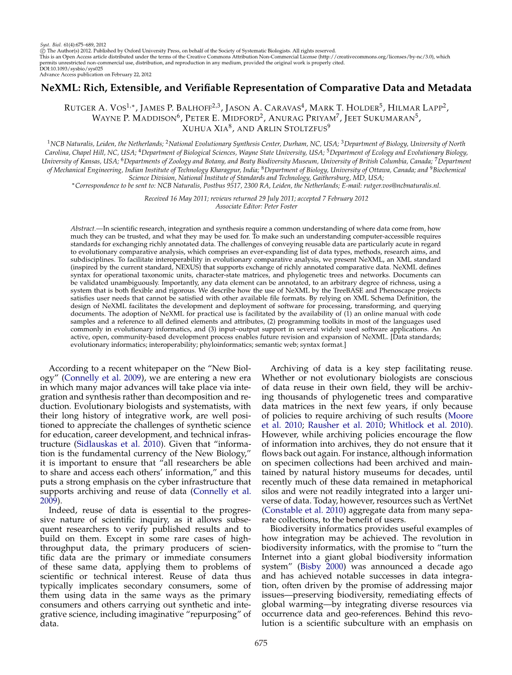 Nexml: Rich, Extensible, and Verifiable Representation of Comparative Data and Metadata