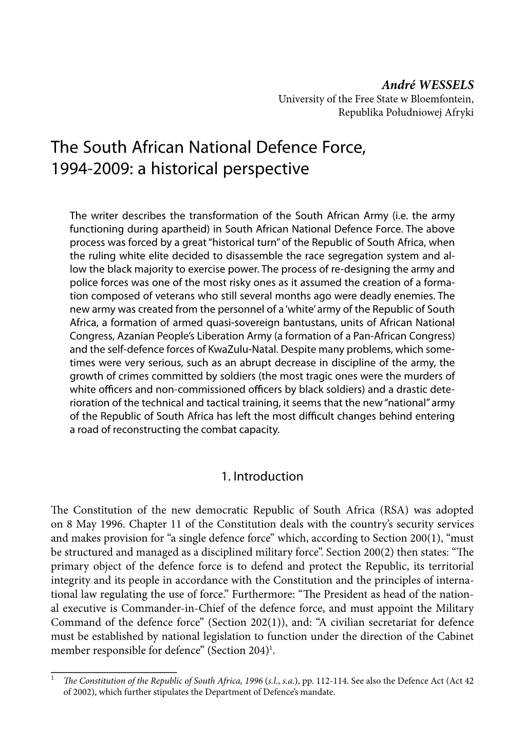 The South African National Defence Force, 1994-2009: a Historical Perspective