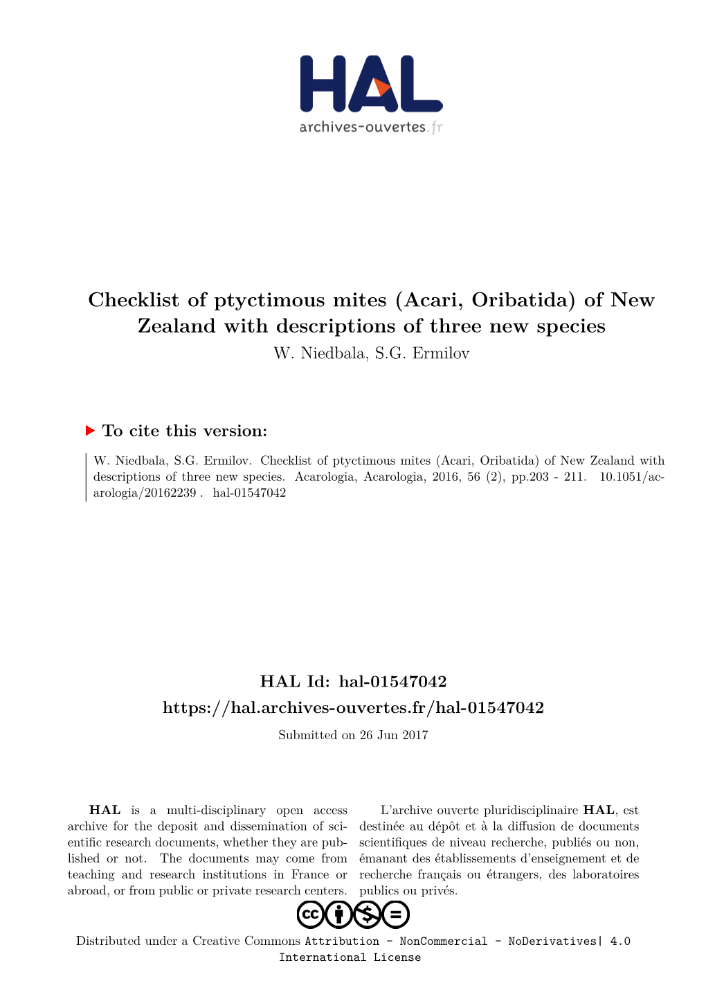 Checklist of Ptyctimous Mites (Acari, Oribatida) of New Zealand with Descriptions of Three New Species W