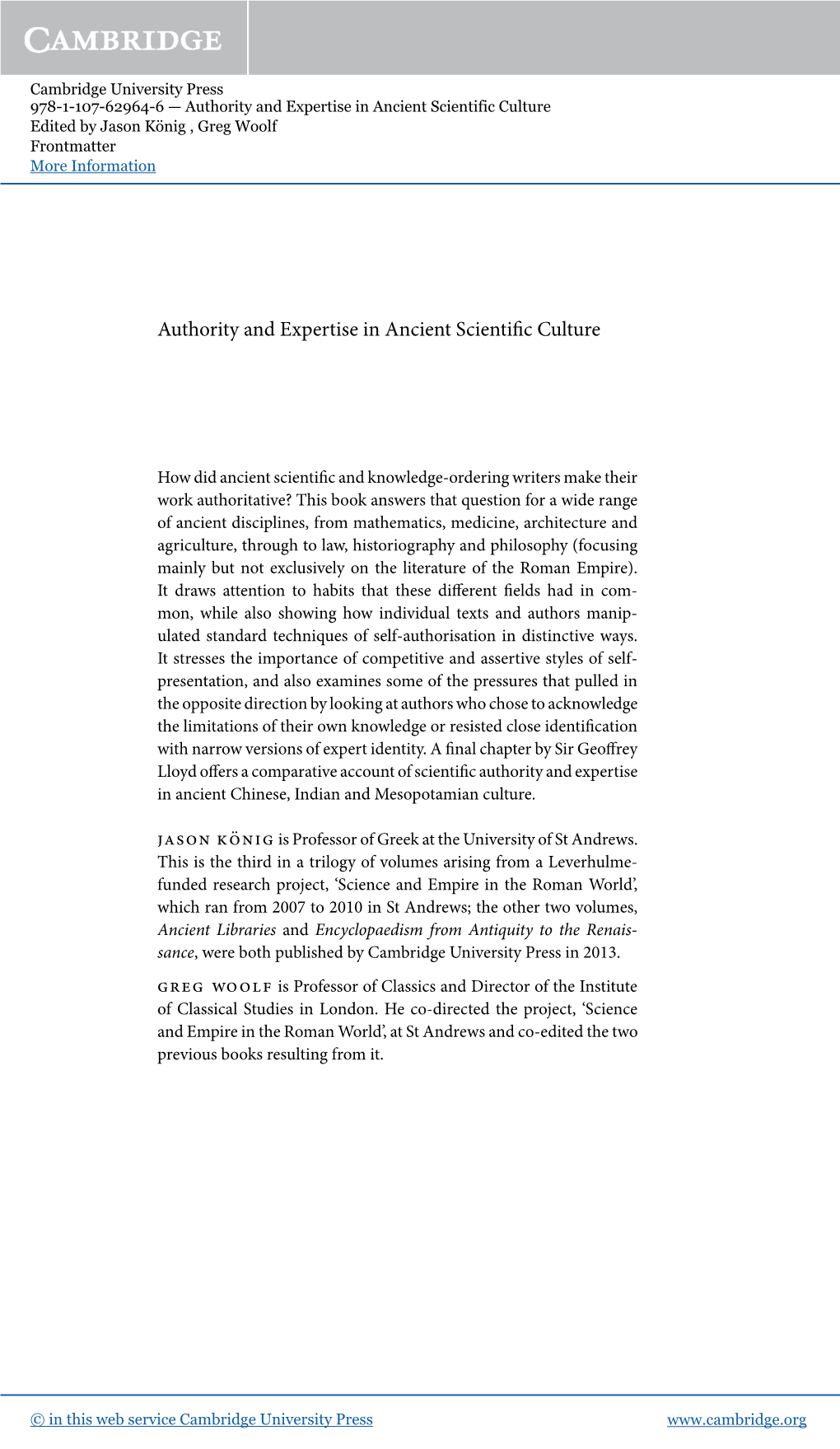 Authority and Expertise in Ancient Scientific Culture Edited by Jason König , Greg Woolf Frontmatter More Information
