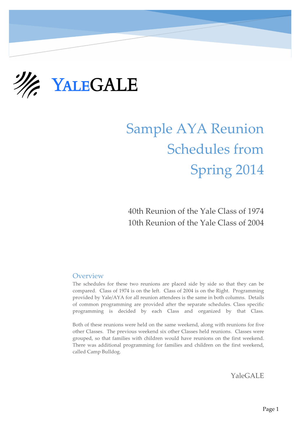 Sample AYA Reunion Schedules from Spring 2014