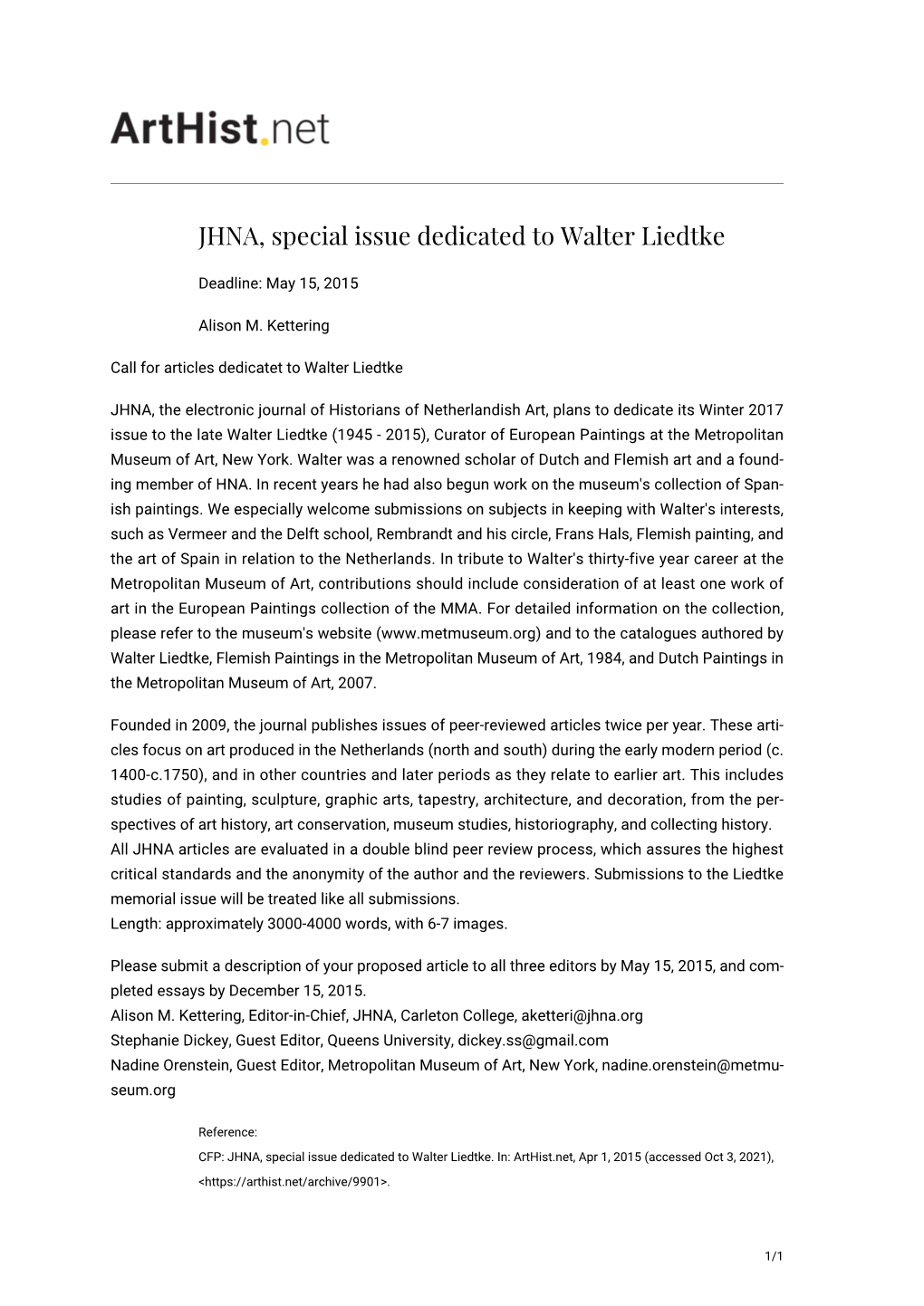 JHNA, Special Issue Dedicated to Walter Liedtke
