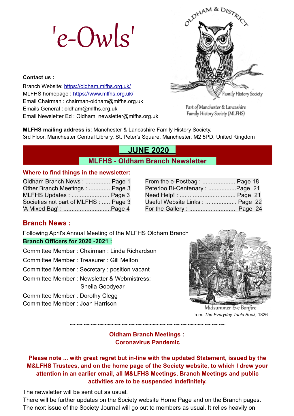 JUNE 2020 MLFHS - Oldham Branch Newsletter Where to Find Things in the Newsletter: Oldham Branch News :