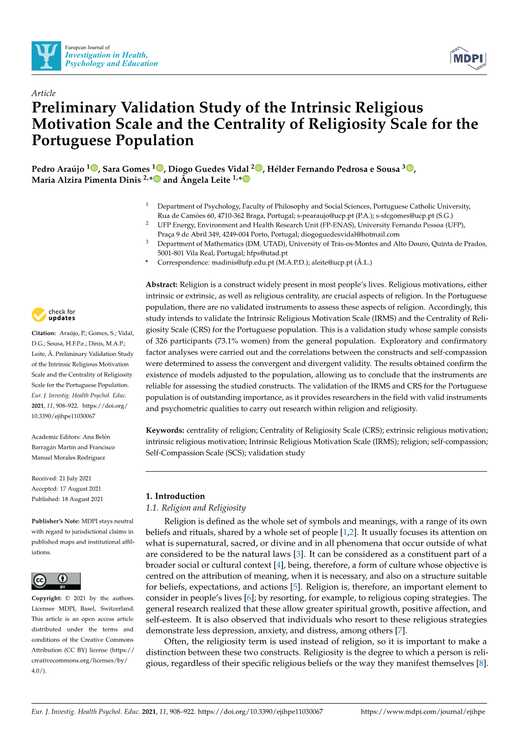 Preliminary Validation Study of the Intrinsic Religious Motivation Scale and the Centrality of Religiosity Scale for the Portuguese Population